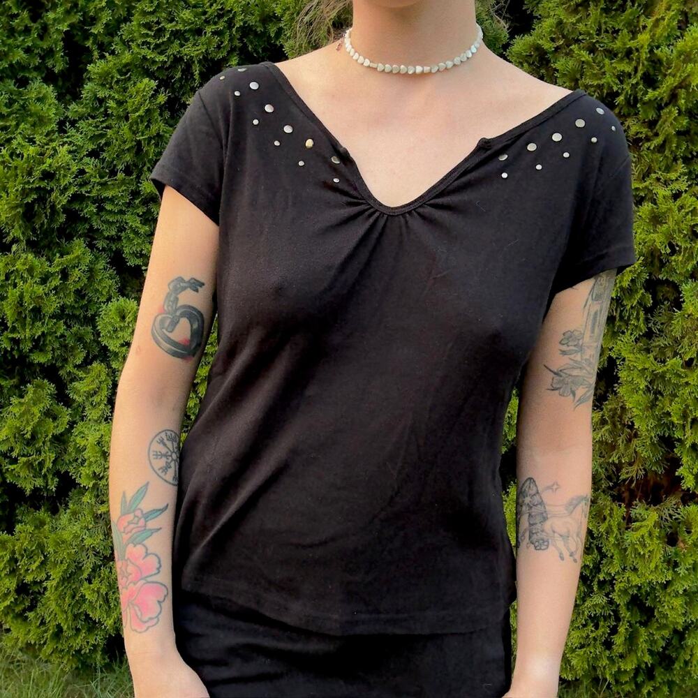 Y2K Fashion Bug Studded Black Tee - Size Women’s M